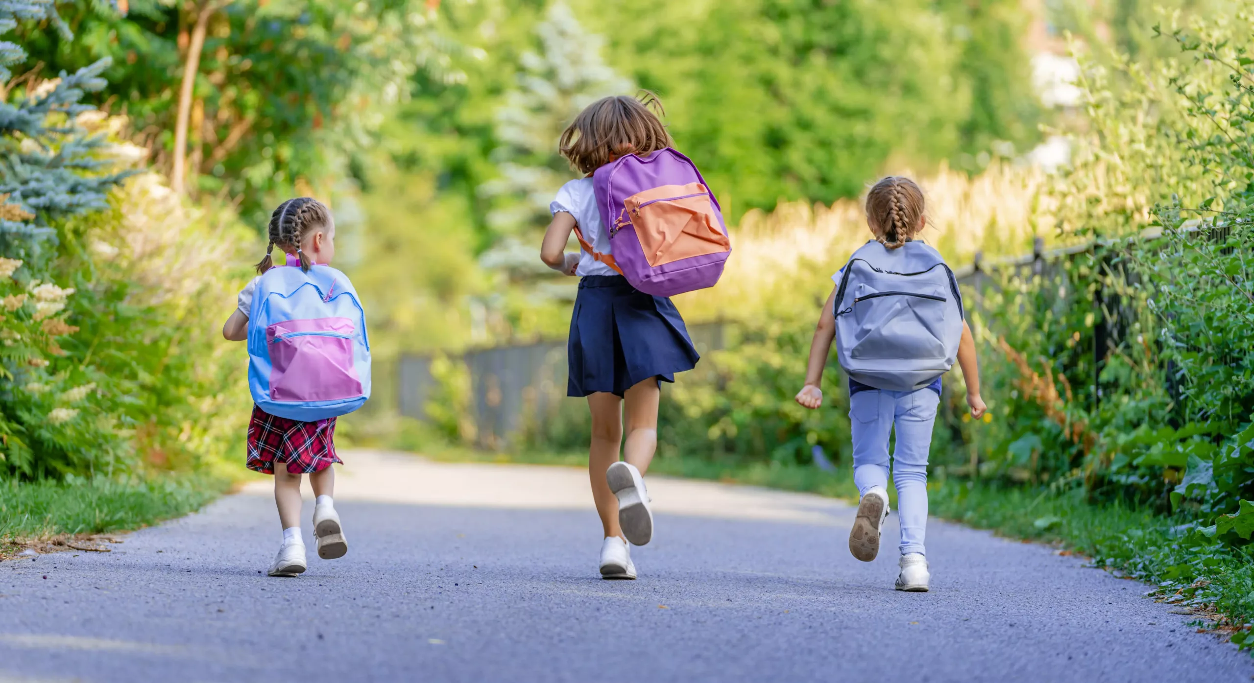 Three young children with backpacks walk down a paved path outdoors, surrounded by greenery in a scenic area reminiscent of Abbotsford vs Chilliwack, heading away from the camera.