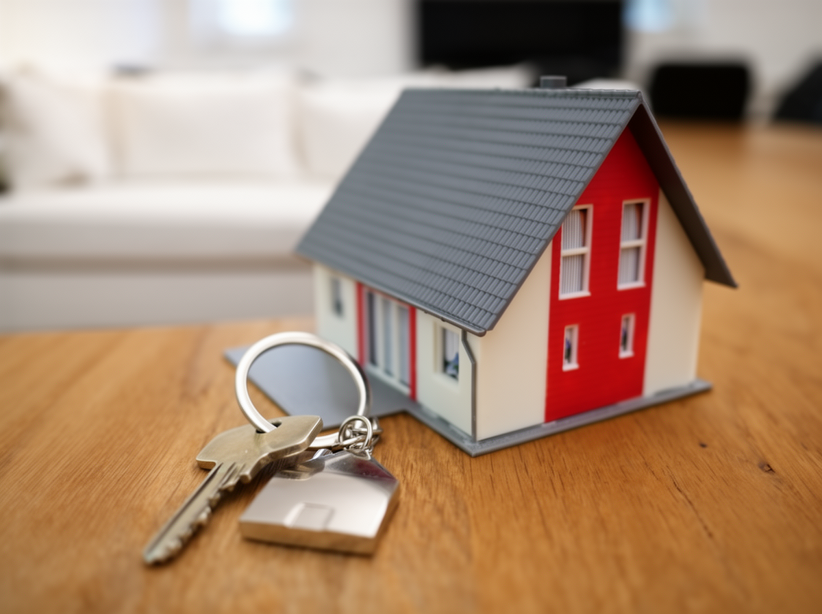 A small model house and a set of keys with a house-shaped keychain are placed on a wooden table with a sofa in the background.