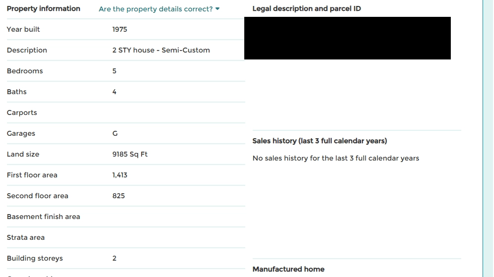 Property details list a semi-custom two-story house built in 1975 with 5 bedrooms, 4 bathrooms, 2 garages, and a 9185 sq ft lot; no sales in the past 3 years.