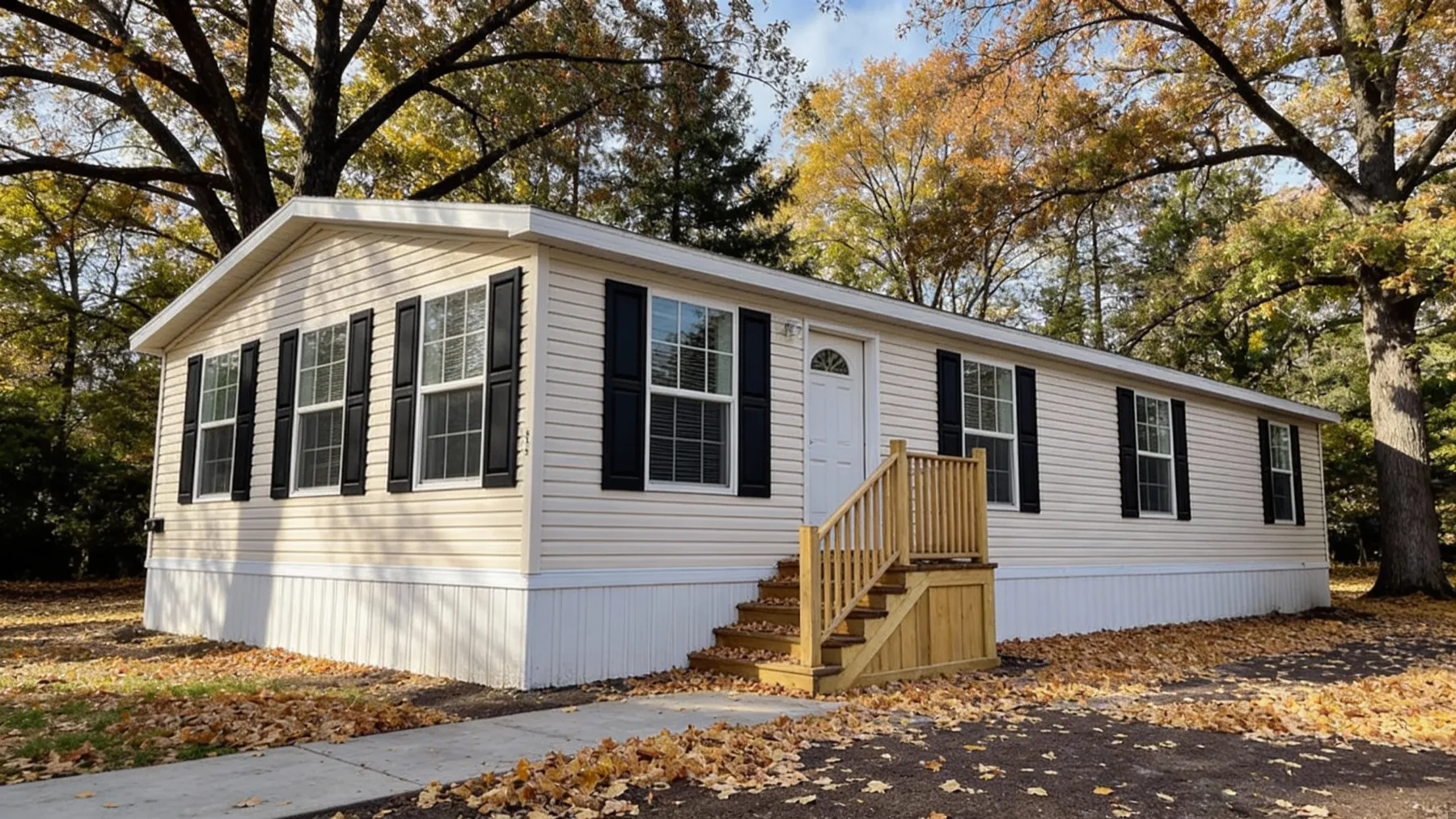 A beige manufactured home with black shutters and a small wooden porch, surrounded by autumn trees and fallen leaves.