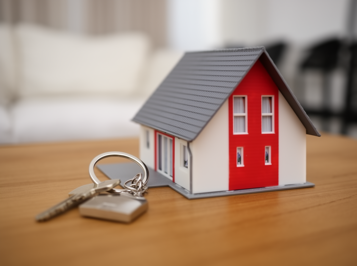 A set of house keys on a keyring lies next to a small model house with a red facade, placed on a wooden surface.