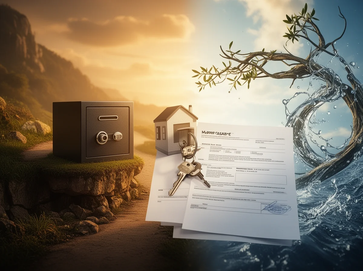 A split-scene image showing a safe on a dirt path, and housing documents with keys next to a model house and a tree by water, representing property security and ownership.