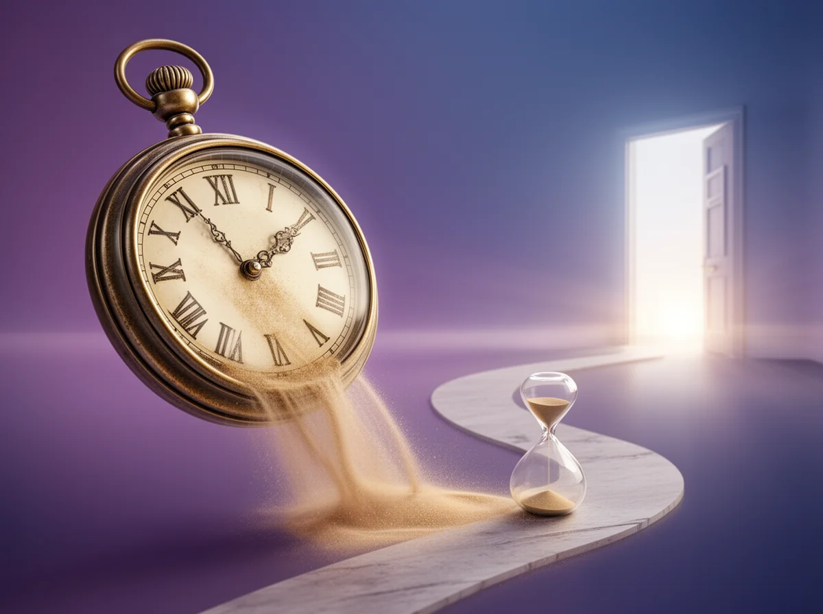 A pocket watch pours sand onto a path leading to an hourglass and an open door with bright light in the background.
