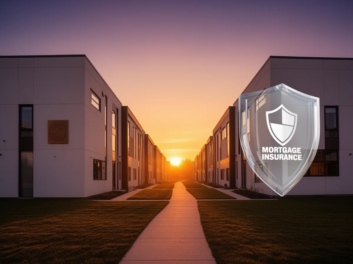 A residential complex at sunset with a digital shield icon displaying "Mortgage Insurance" in the foreground.