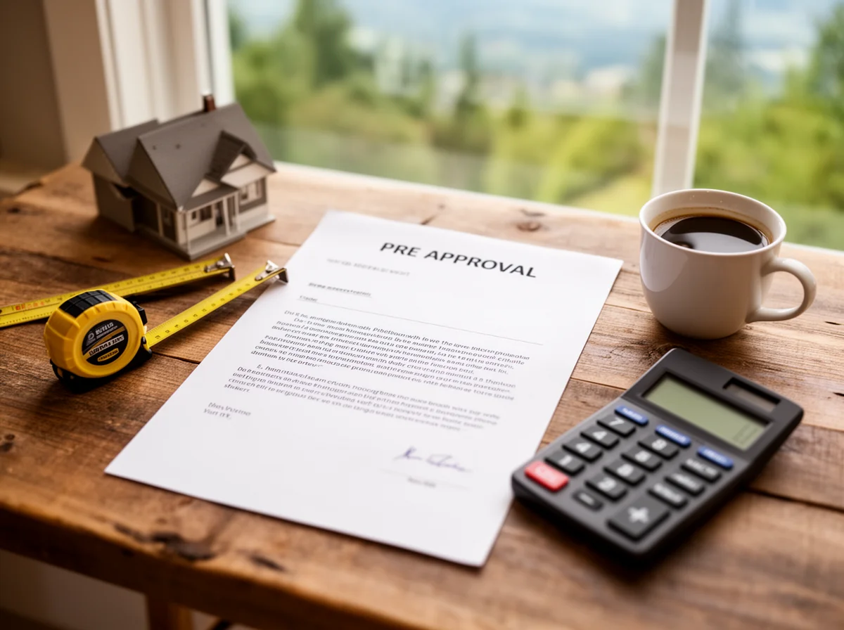 A pre-approval letter sits on a wooden table next to a model house, tape measure, calculator, and a cup of coffee, with a window view in the background.