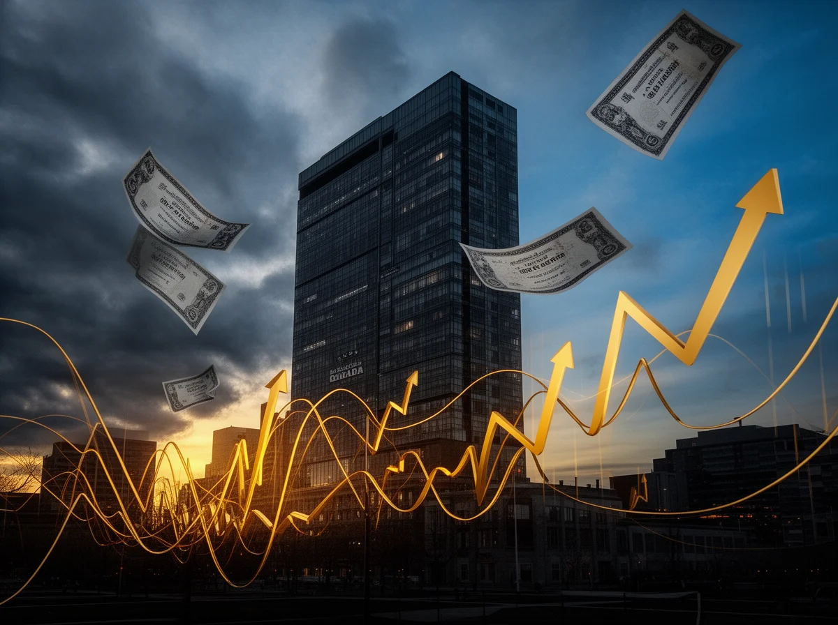Tall office building at sunset with illustrated yellow rising graphs and floating money, symbolizing financial growth or stock market success.