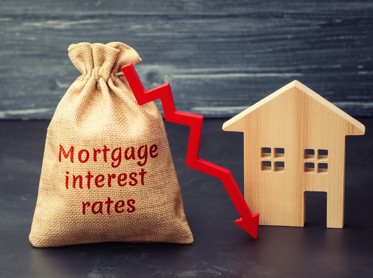 A burlap bag labeled "Mortgage interest rates" stands beside a wooden house and a red downward arrow, symbolizing falling mortgage rates.