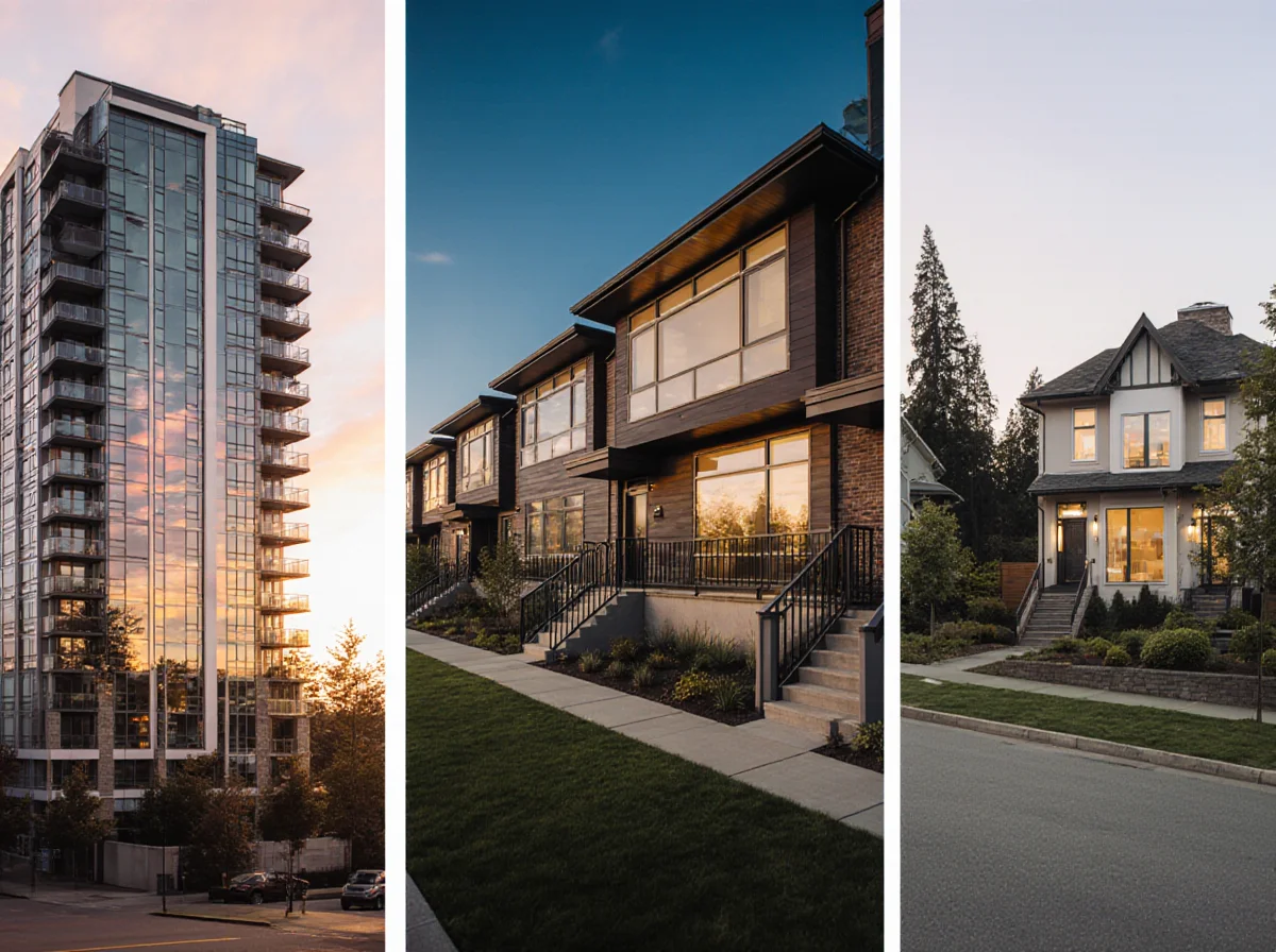 Three images show a modern high-rise apartment, a row of contemporary townhouses, and a traditional two-story suburban home at dusk.