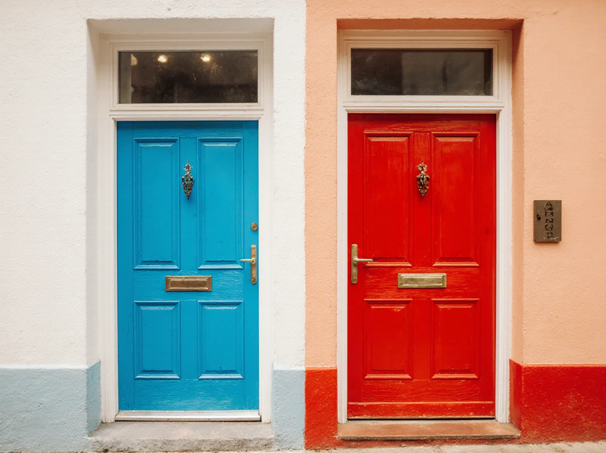 A blue door and a red door are side by side on a building with contrasting white and peach walls.