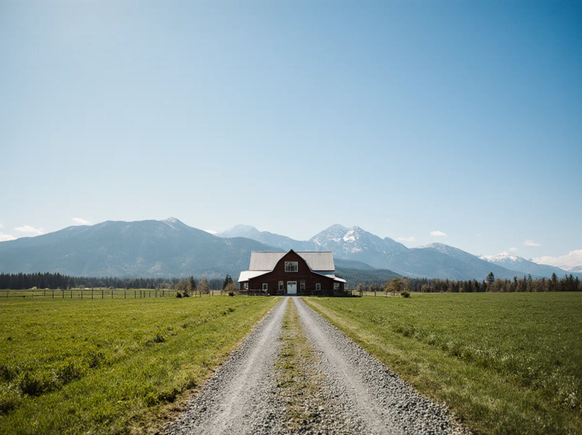 A gravel road leads to a red barn in the center of a grassy field, with mountains and a clear blue sky in the background.