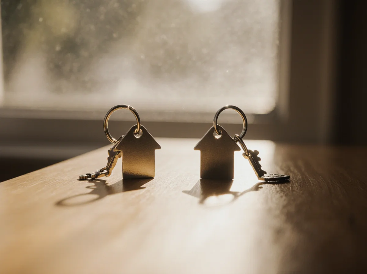 Two house-shaped keychains with keys attached sit on a wooden surface, casting shadows, with sunlight coming through a window in the background.