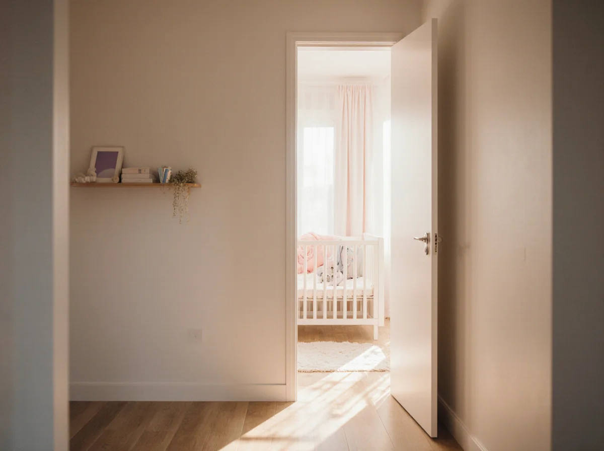 A softly lit room with a partially open door reveals a white crib and pink curtains. A shelf with framed items and plants is mounted on the adjacent wall. Sunlight streams through the window.