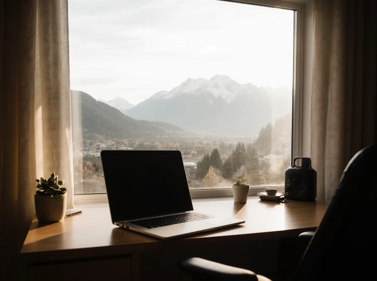 A laptop sits on a desk by a window with a mountain view; small potted plants and a camera are also on the desk, with natural light filling the room.
