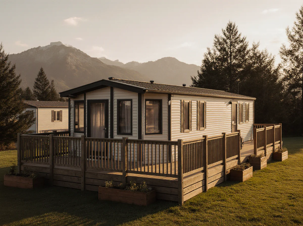 A modern mobile home with a large wooden deck sits on a grassy lot, surrounded by trees and mountains in the background.