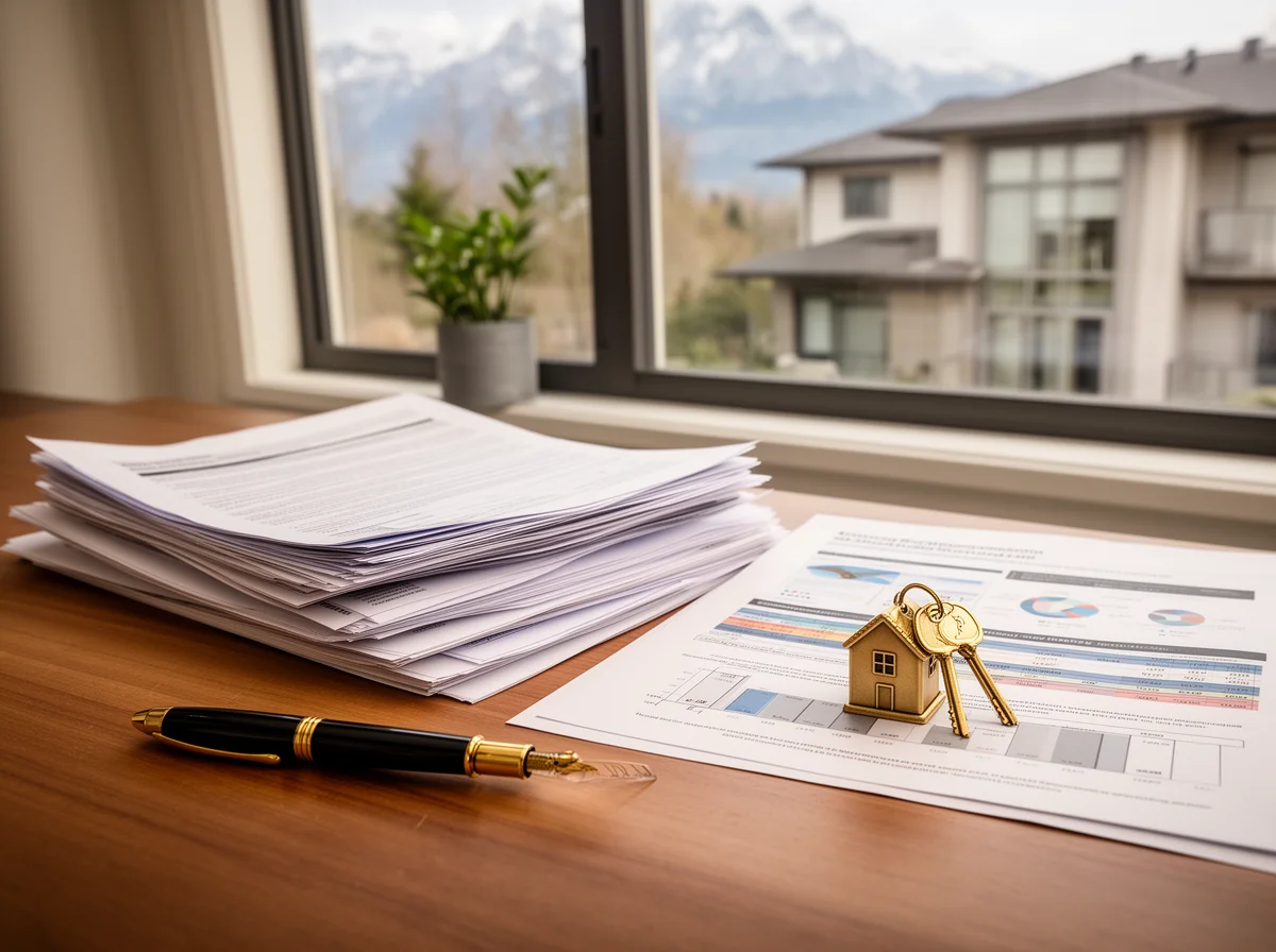 A stack of documents, a fountain pen, house keys with a small house keychain, and financial charts on a desk by a window with a view of mountains and nearby buildings.