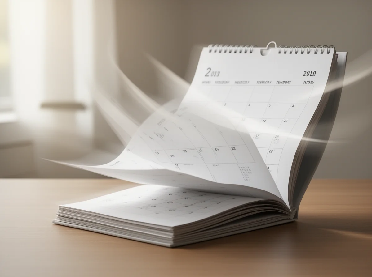 A desk calendar sits open as its pages are blown, showing months passing quickly, with sunlight streaming through a window in the background.