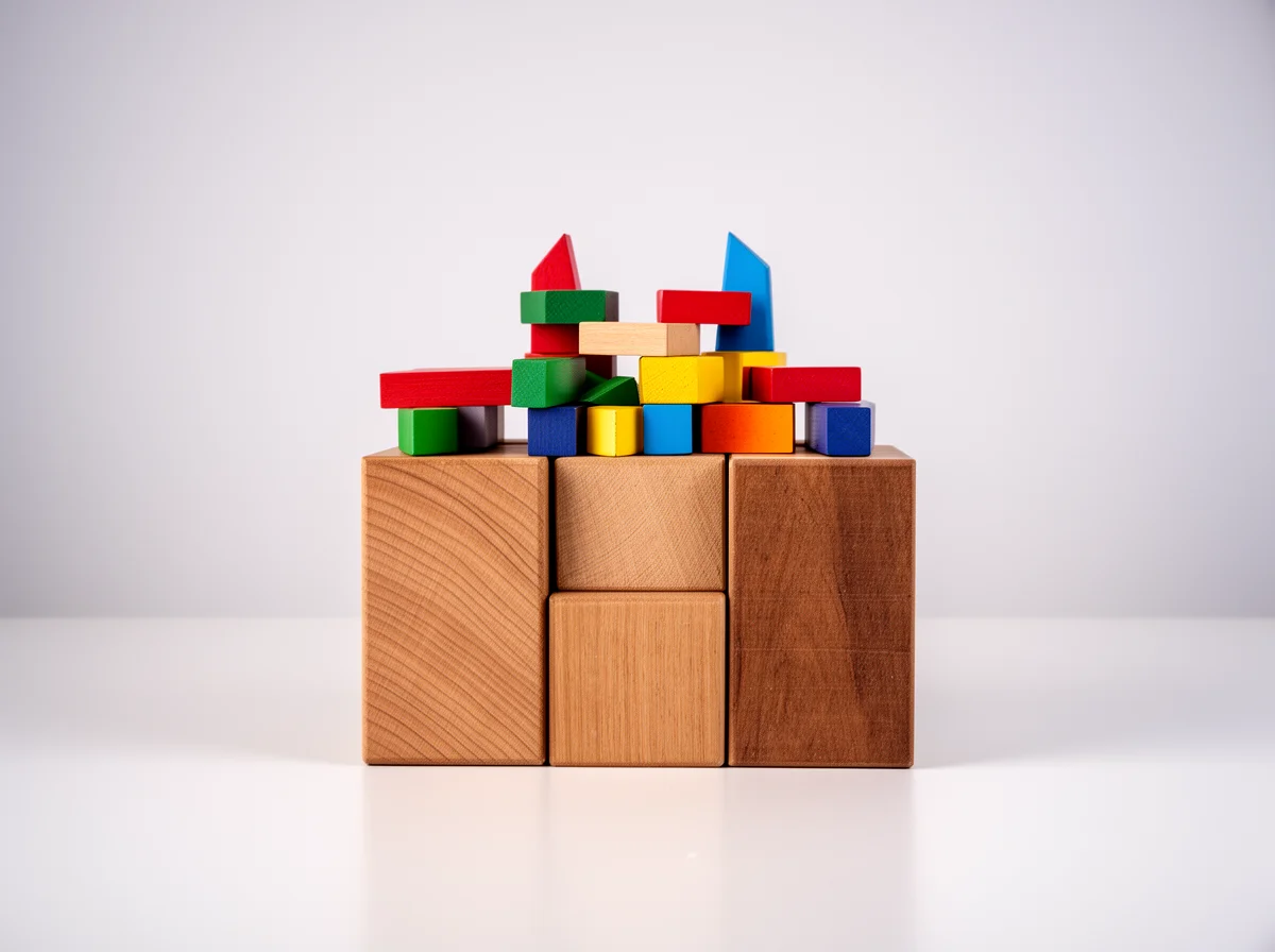 Colorful wooden blocks are stacked on top of four plain wooden cubes, arranged on a white surface against a plain background.
