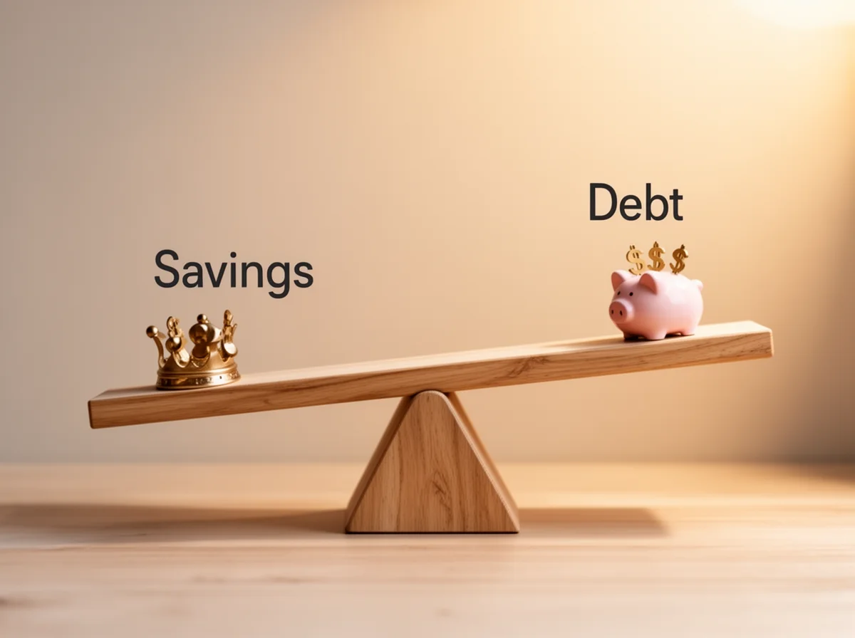 A seesaw with a crown labeled “Savings” on one side and a piggy bank labeled “Debt” on the other, with the debt side raised higher.