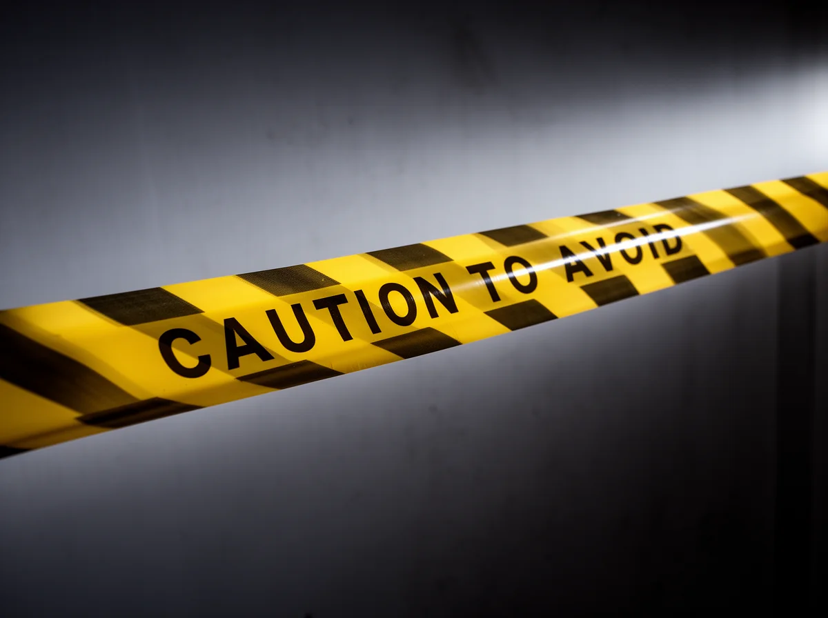 Yellow caution tape with the words “Caution to Avoid” in black text is stretched across a dimly lit area.