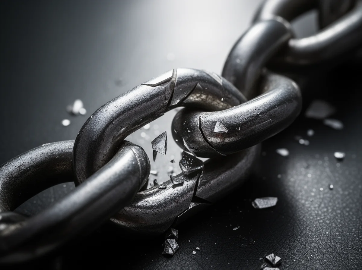 A close-up of a metal chain link breaking, with cracks and fragments flying outward against a dark background.