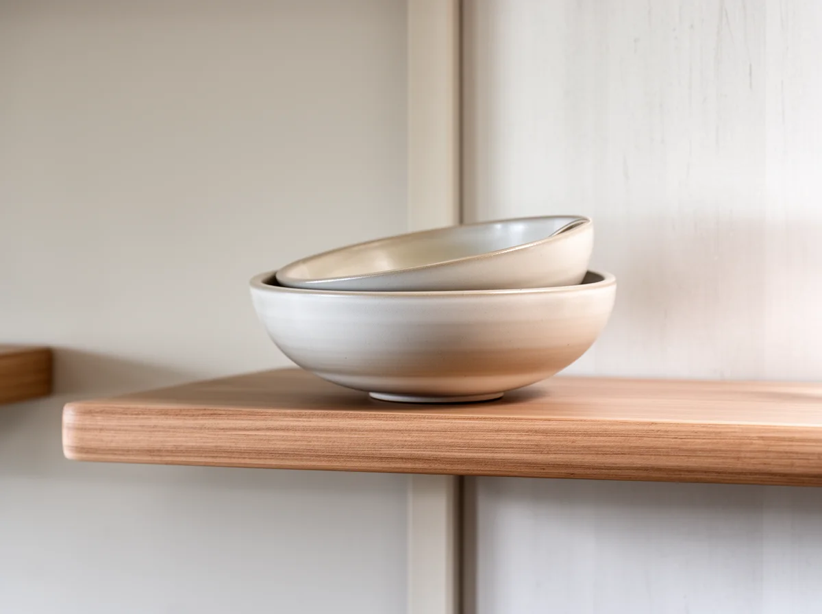 Two light beige ceramic bowls stacked on a wooden shelf against a pale background.