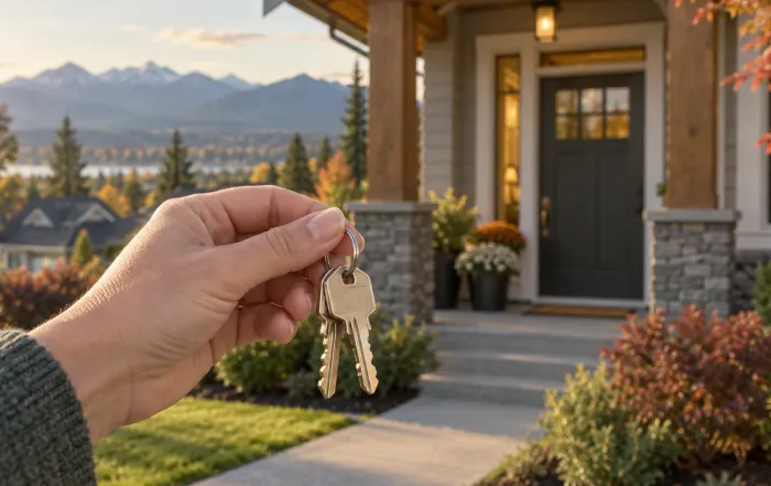 Hand holding house keys in front of a Fraser Valley home in autumn