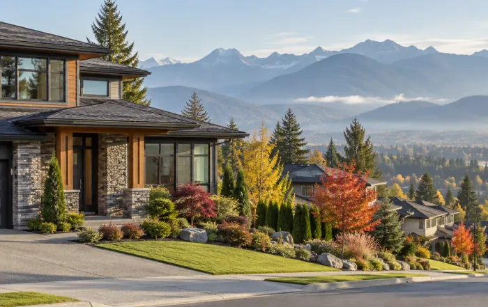 Modern Fraser Valley home in autumn with mountains in the background