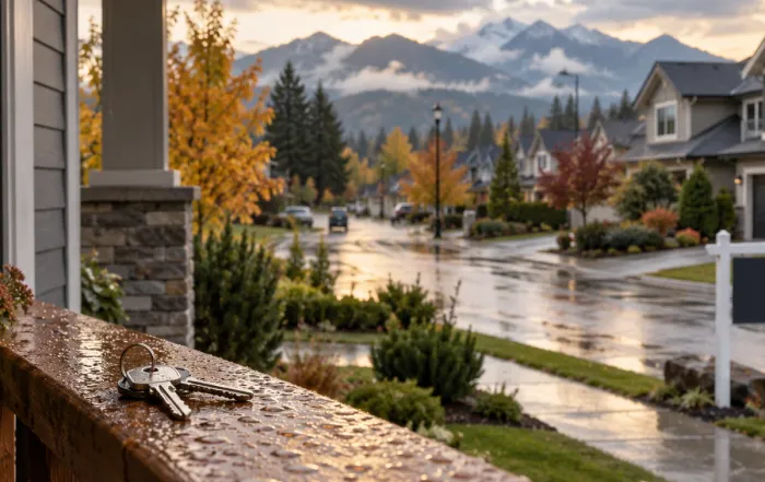 Keys on a Fraser Valley porch with autumn neighbourhood homes and mountains for Browne Mortgage weekly Canadian mortgage roundup