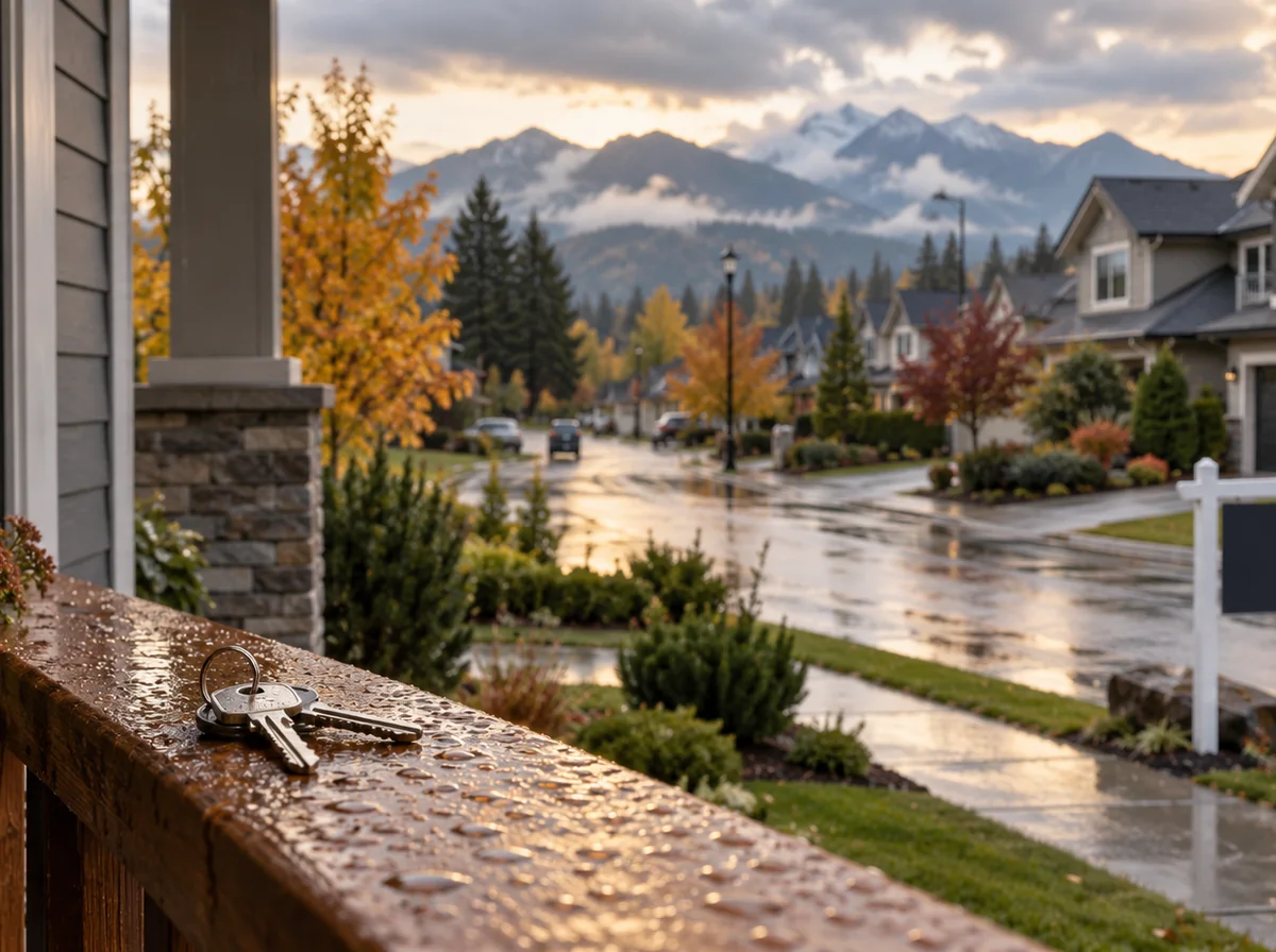 browne-roundup-featured-2026-10-05 Keys on a Fraser Valley porch with autumn neighbourhood homes and mountains for Browne Mortgage weekly Canadian mortgage roundup