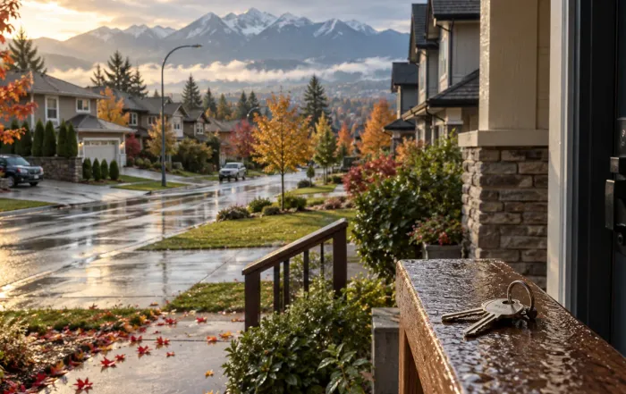 Fraser Valley neighbourhood homes in autumn with house keys near a front door