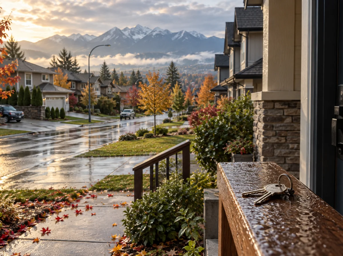 Browne Mortgage weekly market roundup cover – October 12, 2026 Fraser Valley neighbourhood homes in autumn with house keys near a front door