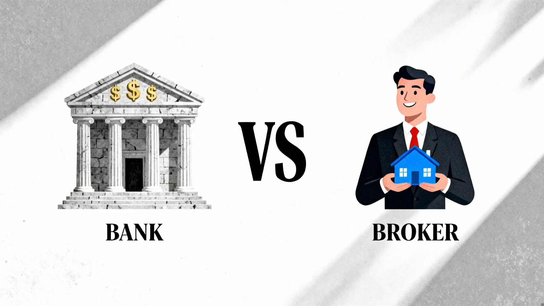 Illustration comparing a bank building with dollar signs to a smiling broker holding a house model, separated by the text "VS.