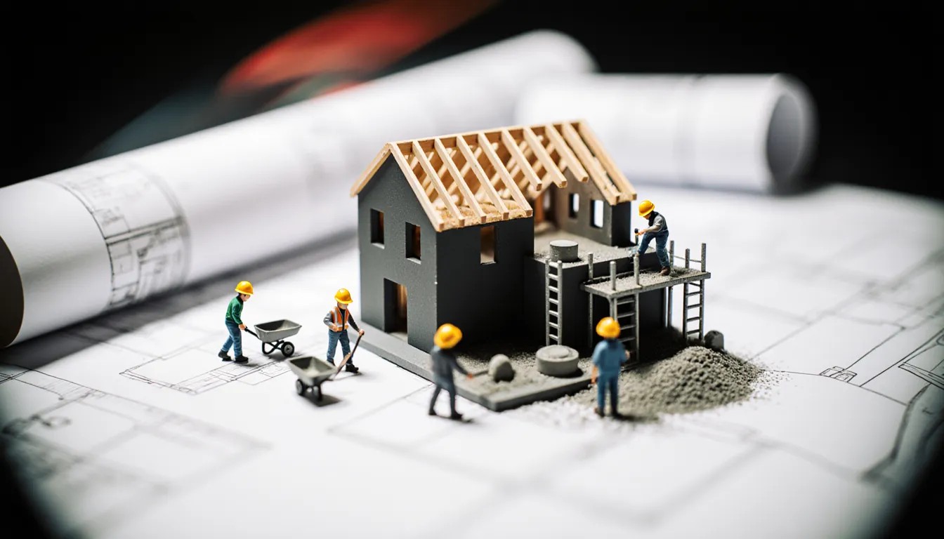 A miniature model of a house under construction is surrounded by small figurines of workers on top of architectural blueprints.