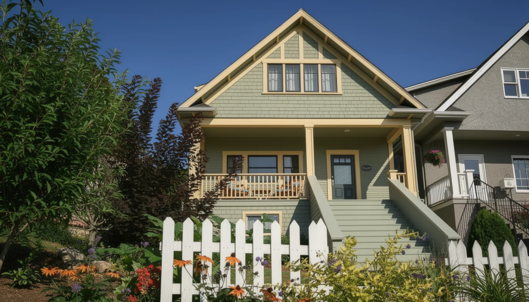 A light green, two-story house with a front porch, gabled roof, white picket fence, and a garden, photographed on a clear, sunny day.