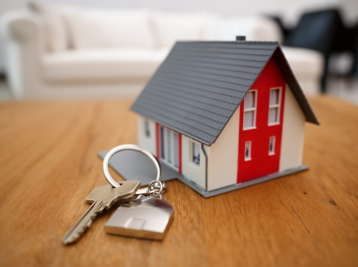 A set of house keys with a house-shaped keychain lies next to a small model house on a wooden surface, with a sofa in the background.