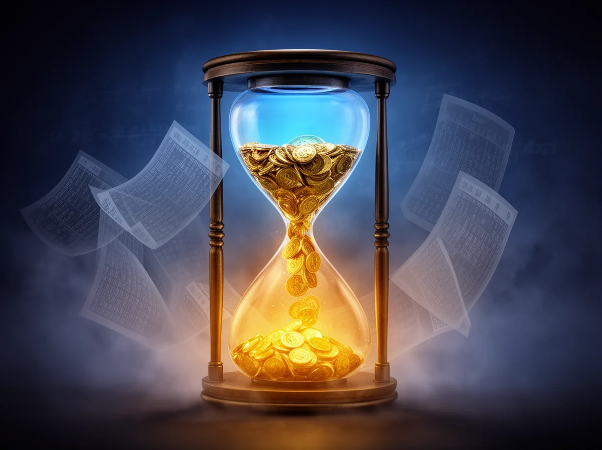 An hourglass filled with gold coins instead of sand, surrounded by floating sheets of paper against a dark blue background.