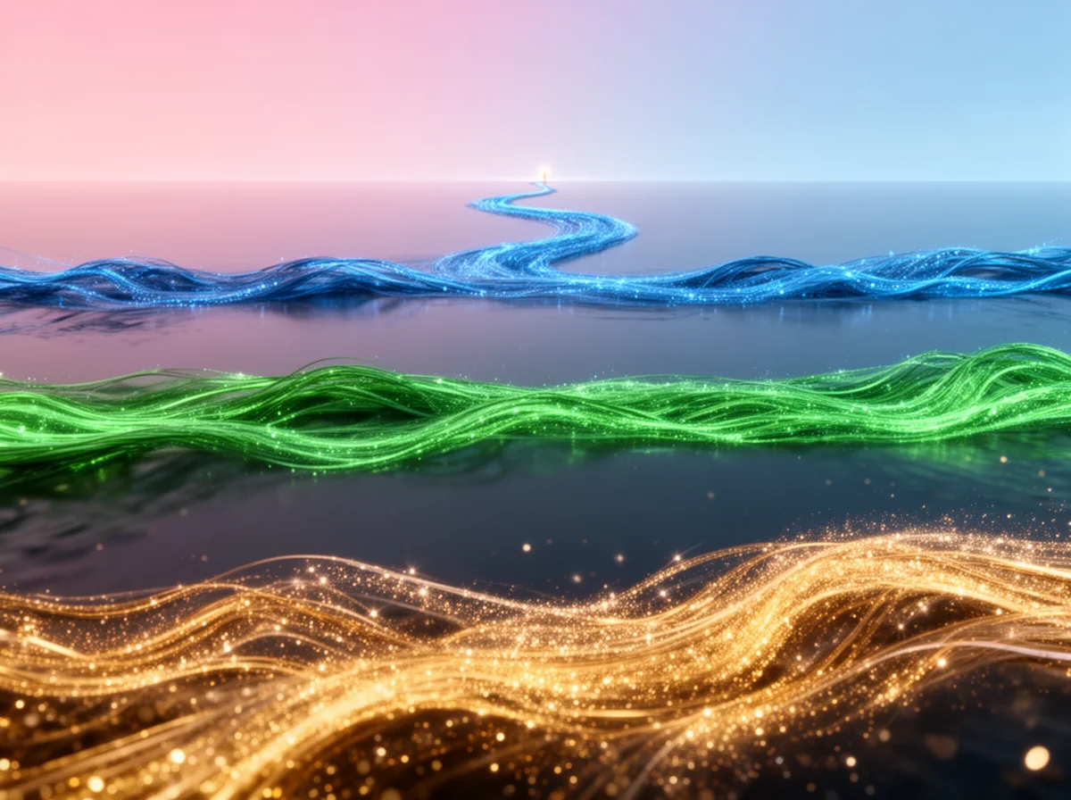 Three glowing, wavy lines—blue, green, and gold—cross a reflective surface, converging toward a small bright light on the horizon under a gradient sky.