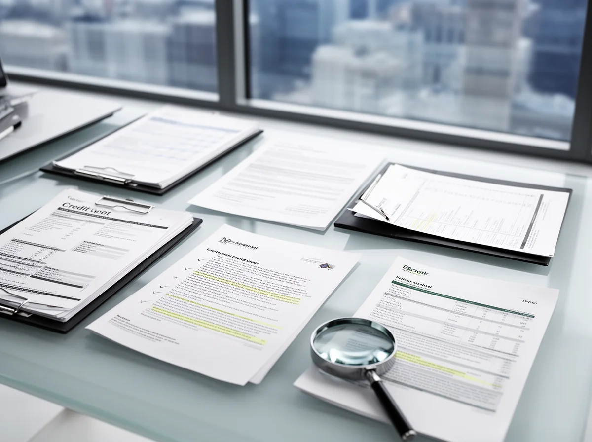 A glass desk with various financial documents, reports, and a magnifying glass arranged neatly in an office with a city view.