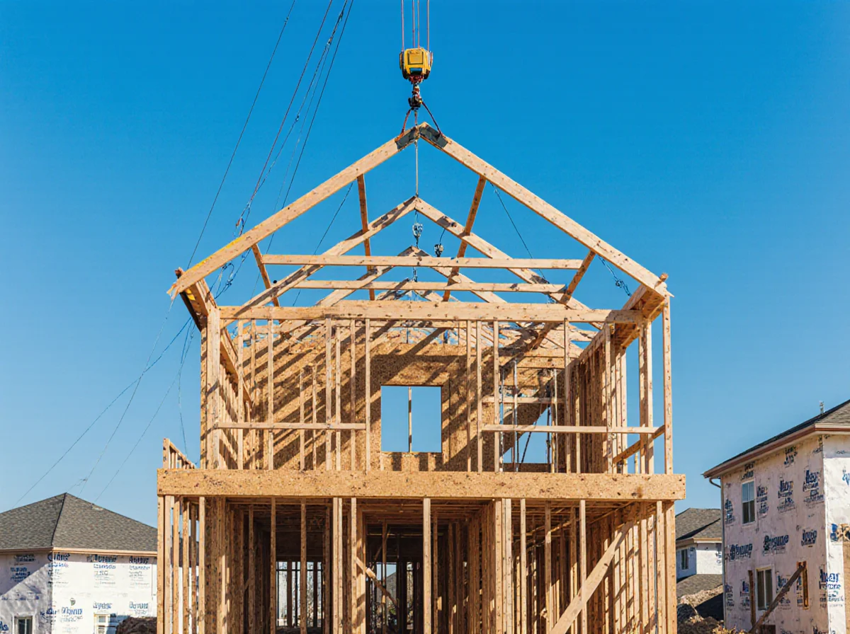 A crane lifts a wooden roof truss onto the frame of a house under construction on a clear day, with partially built homes visible nearby.
