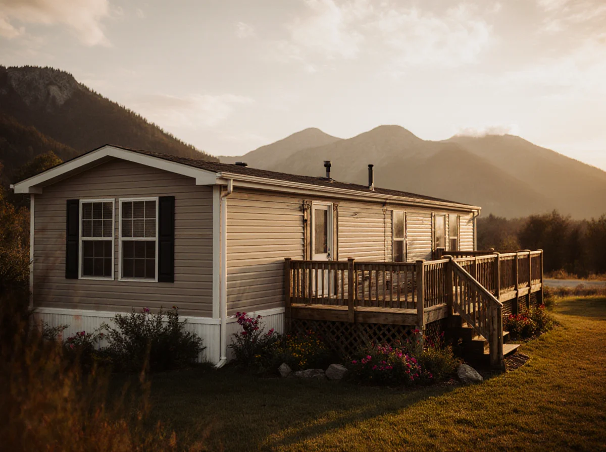 A beige manufactured home with a wooden deck sits on grass, flowers in front, with mountains and trees in the background at sunset.
