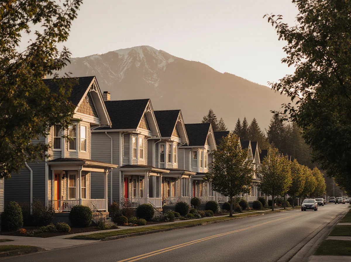 A row of identical suburban houses lines a quiet street with green trees, with a mountain and soft sunlight in the background.
