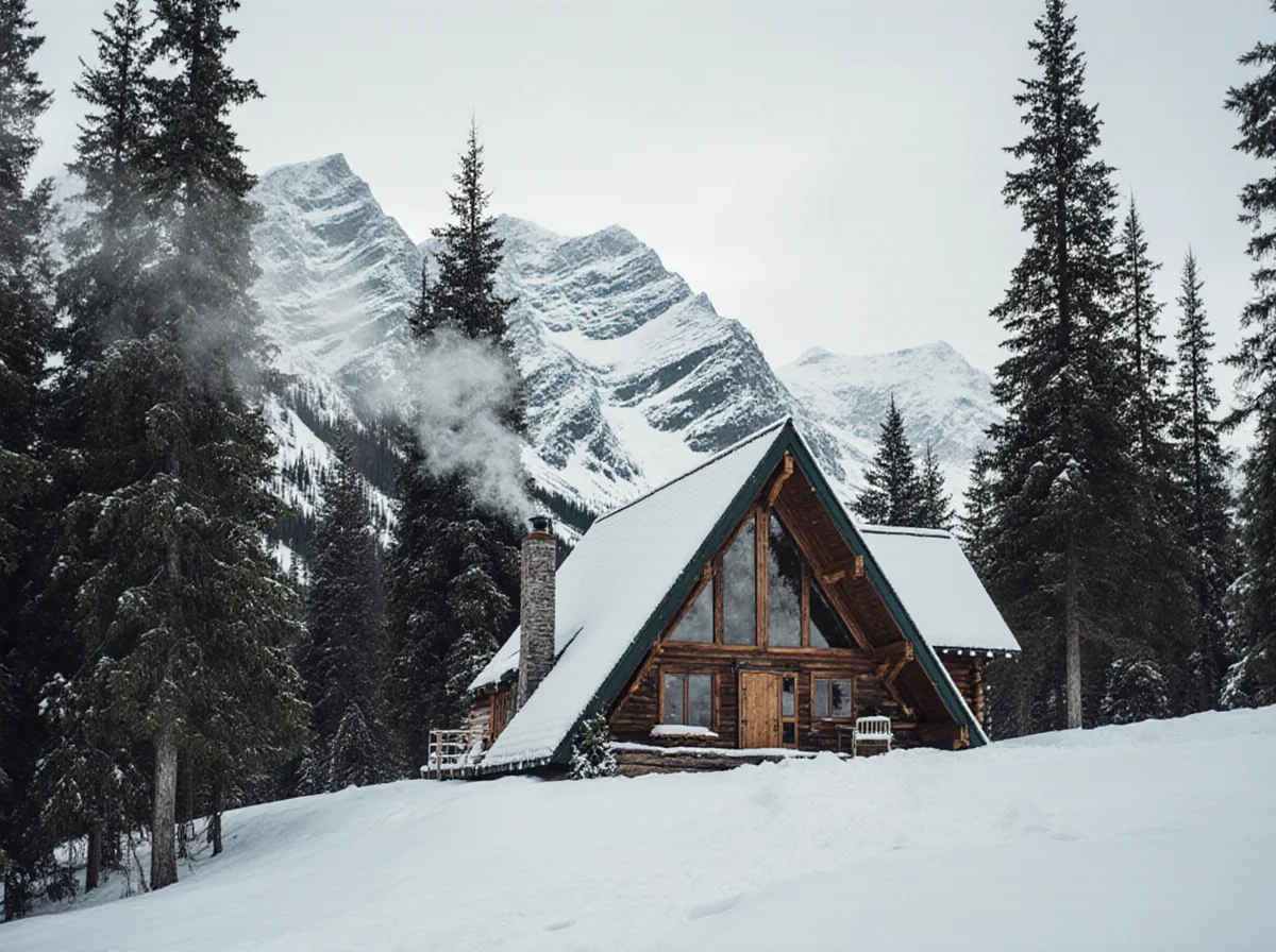 A wooden A-frame cabin with a smoking chimney sits in a snowy forest, surrounded by tall pine trees and snow-covered mountains under an overcast sky.