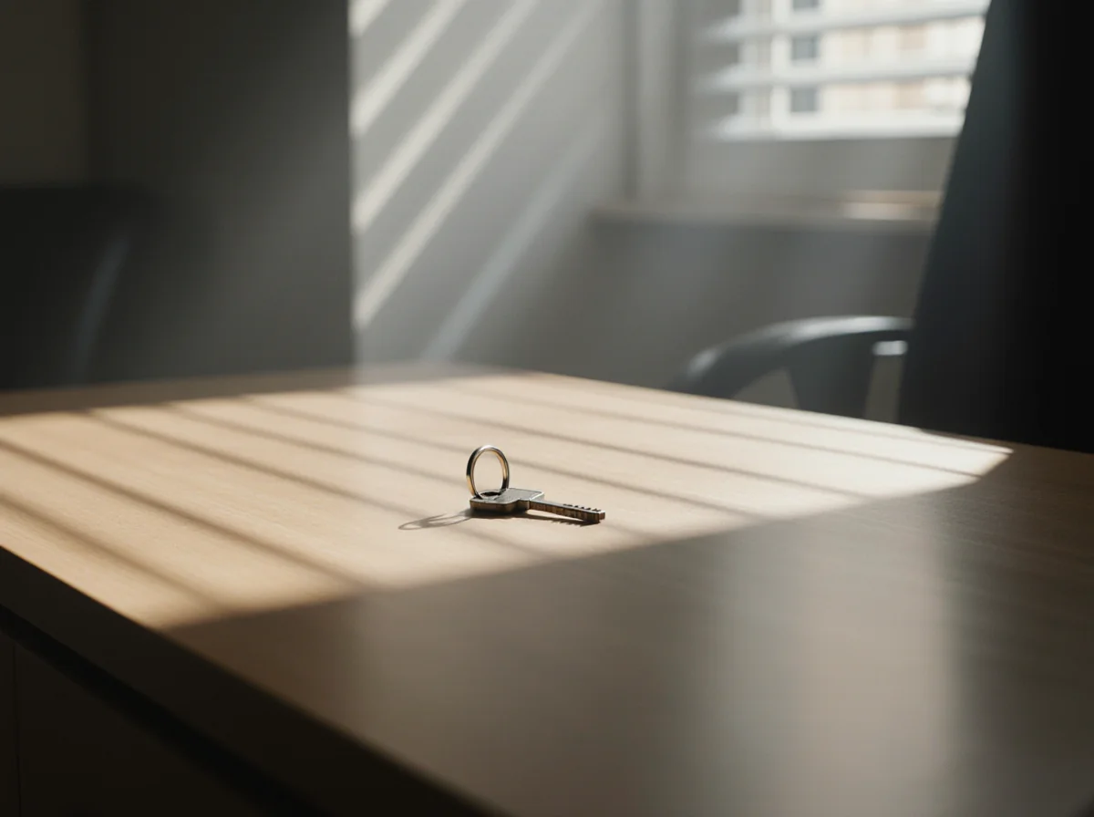 A single metal key lying on a wooden desk in a sunlit room, with shadows from window blinds cast across the surface.