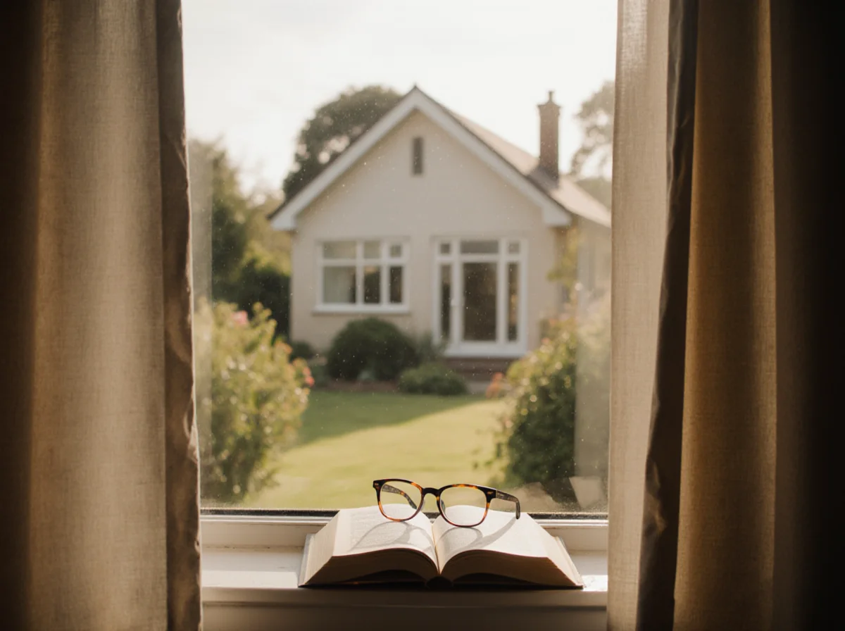 A pair of eyeglasses rests on an open book on a windowsill, with a blurred view of a house and garden outside the window.