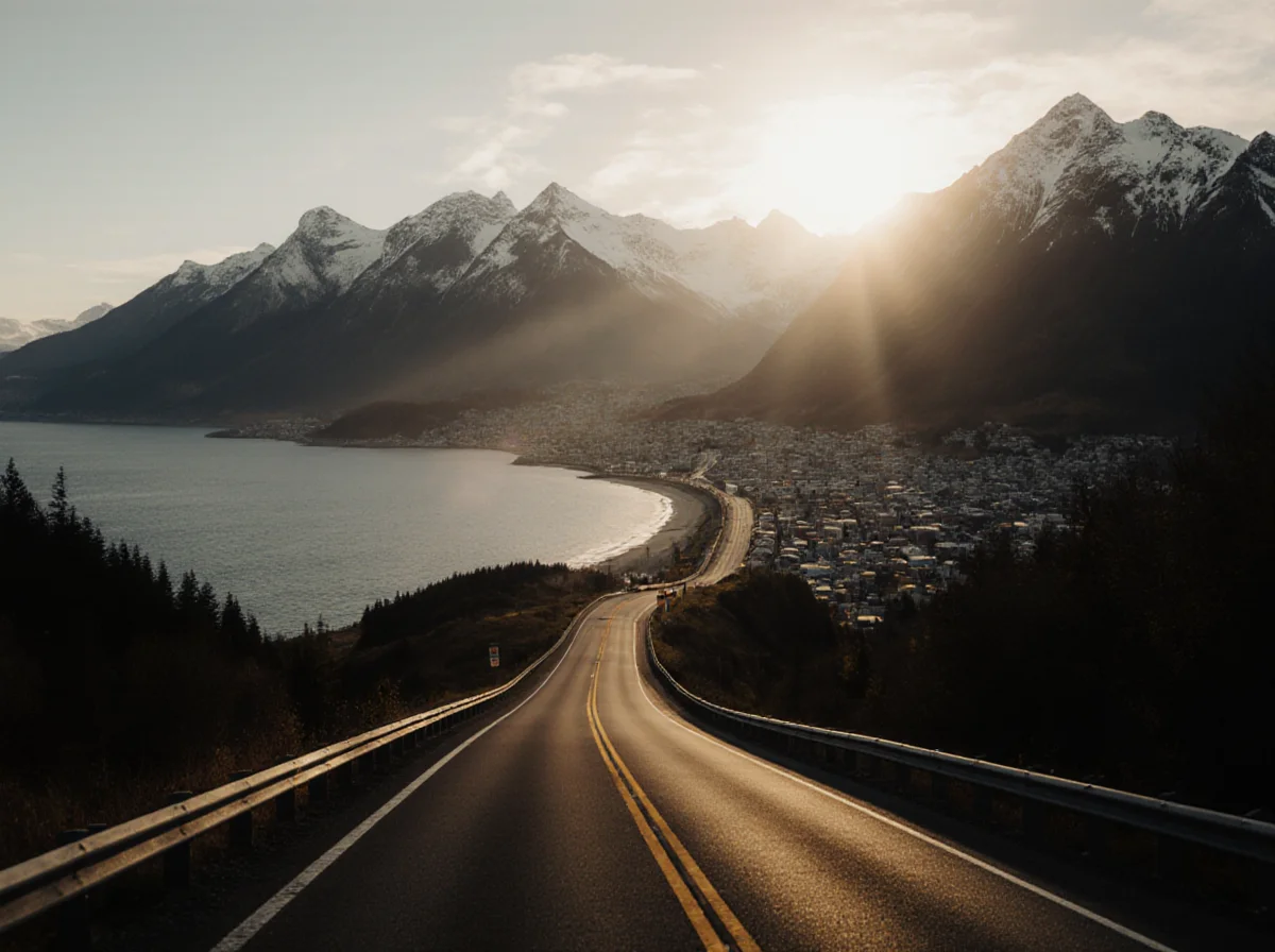 A paved road descends toward a coastal town at the base of snow-capped mountains, with the sun setting behind the peaks.