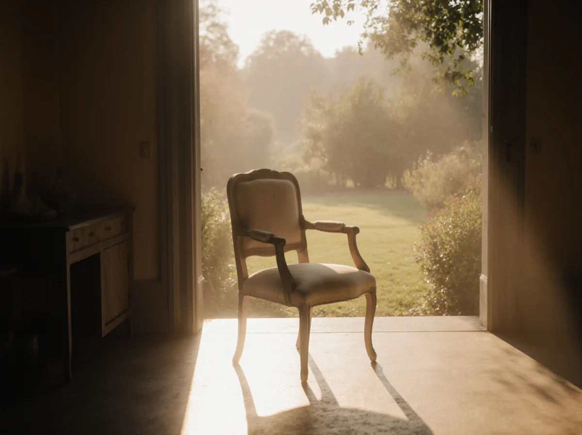 An empty vintage armchair sits in sunlight near open doors, casting a shadow on the floor, with a garden visible outside.