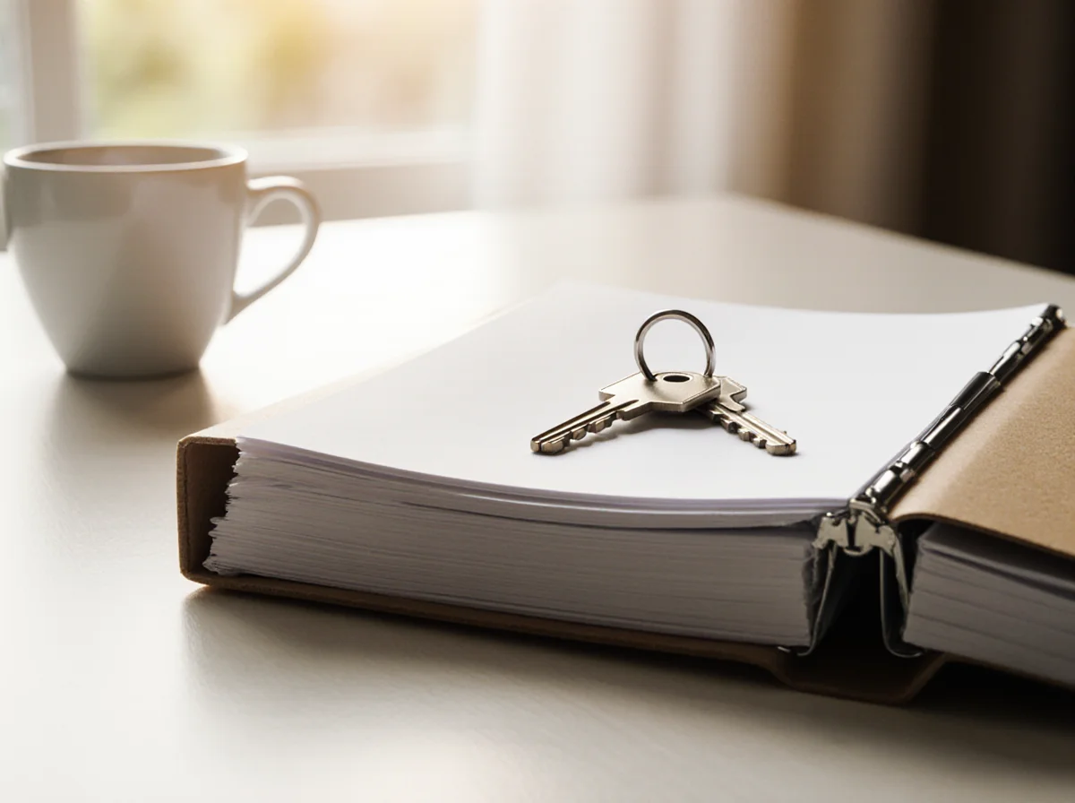 A set of keys rests on top of a thick open binder filled with papers, with a coffee cup in the background on a white desk.