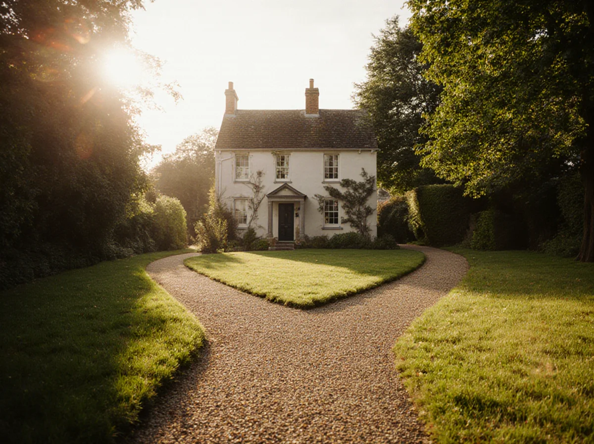 A white cottage with a sloped roof stands at the end of a gravel path that splits in two, surrounded by green grass and trees in soft sunlight.