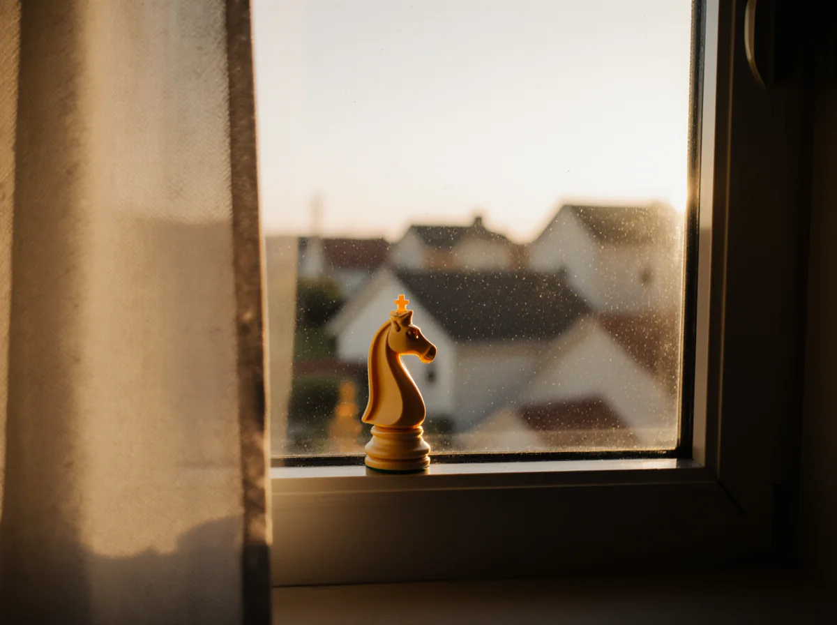 A chess knight piece stands on a window sill, with sheer curtains to the left and houses blurred in the background at sunset.
