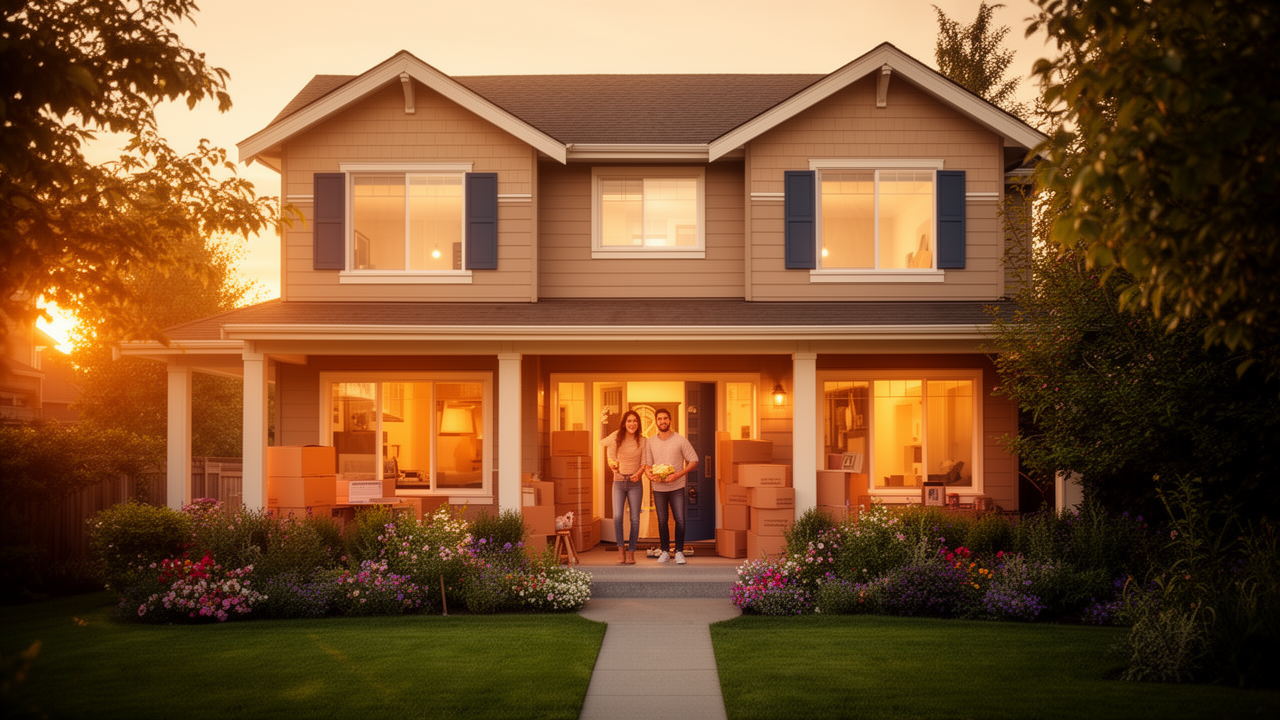 A couple stands on the porch of a two-story house at sunset, surrounded by moving boxes and a well-kept garden, suggesting they are moving in or out.